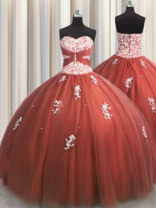 Discount Rust Red Ball Gowns Sweetheart Sleeveless Tulle Floor Length Lace Up Beading and Appliques Vestidos de Quinceanera