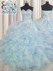 Sleeveless Organza Floor Length Lace Up 15th Birthday Dress in Light Blue with Beading and Ruffles