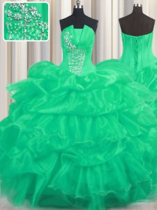New Arrival Turquoise Lace Up Strapless Beading and Ruffled Layers and Pick Ups Quinceanera Gown Organza Sleeveless