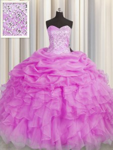 Dazzling Sleeveless Organza Floor Length Lace Up Quinceanera Dresses in Lilac with Beading and Ruffles