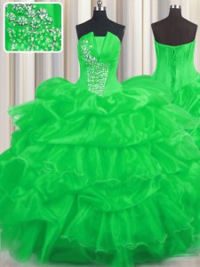 Graceful Green Quince Ball Gowns Military Ball and Sweet 16 and Quinceanera and For with Beading and Ruffled Layers and Pick Ups Strapless Sleeveless Lace Up