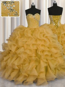 Best Ball Gowns Quinceanera Gowns Gold Sweetheart Organza Sleeveless Floor Length Lace Up
