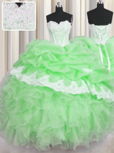Sweetheart Neckline Beading and Appliques and Ruffles and Pick Ups Ball Gown Prom Dress Sleeveless Lace Up