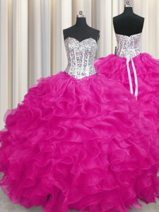 Fuchsia Ball Gowns Sweetheart Sleeveless Organza Lace Up Beading and Ruffles Quinceanera Gown