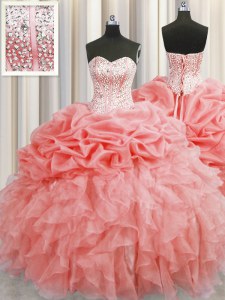 Visible Boning Watermelon Red Ball Gowns Sweetheart Sleeveless Organza Floor Length Lace Up Ruffles and Pick Ups Quinceanera Dress