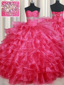 Modest Coral Red Organza Lace Up 15th Birthday Dress Sleeveless Floor Length Ruffled Layers