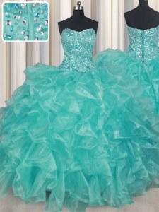 Fine Turquoise Sleeveless Beading and Ruffles Floor Length Vestidos de Quinceanera
