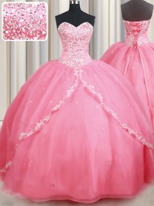 Sweetheart Sleeveless Organza Quinceanera Gowns Beading and Appliques Brush Train Lace Up
