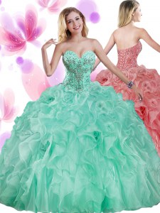 Fine Sweetheart Sleeveless Organza Quinceanera Gown Beading and Ruffles Lace Up