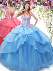 Floor Length Lace Up Sweet 16 Dress Baby Blue for Military Ball and Sweet 16 and Quinceanera with Beading and Ruffled Layers