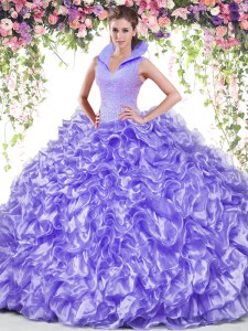 Shining Lavender High-neck Backless Beading and Ruffles Sweet 16 Dress Sleeveless