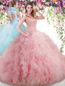 Nice Baby Pink Ball Gowns Tulle High-neck Sleeveless Beading and Ruffles Floor Length Backless 15th Birthday Dress