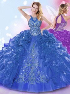 Luxurious Ruffled Ball Gowns Quinceanera Dress Royal Blue Halter Top Organza Sleeveless Floor Length Lace Up