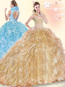 Champagne Ball Gowns High-neck Sleeveless Organza Brush Train Backless Beading and Ruffles Vestidos de Quinceanera