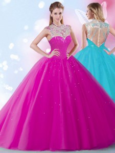 Free and Easy Scoop Fuchsia Sleeveless Floor Length Beading and Sequins Zipper Quinceanera Gown