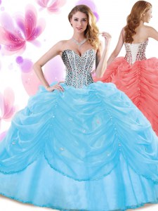 Noble Baby Blue Organza Lace Up 15 Quinceanera Dress Sleeveless Floor Length Beading and Pick Ups