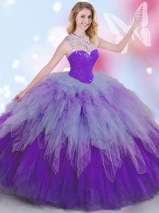 Comfortable Sleeveless Tulle Floor Length Zipper Vestidos de Quinceanera in Multi-color with Beading and Ruffles