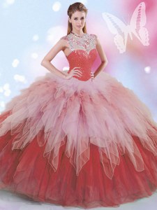 Fashion Multi-color Tulle Zipper Sweet 16 Dress Sleeveless Floor Length Beading and Ruffles