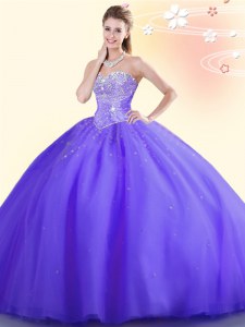 Low Price Purple Ball Gowns Tulle Sweetheart Sleeveless Beading Floor Length Lace Up Sweet 16 Dress