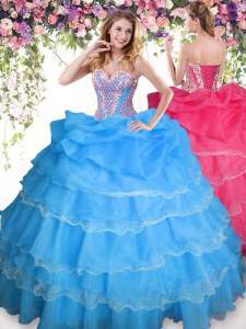 New Arrival Baby Blue Ball Gowns Beading and Ruffled Layers and Pick Ups Vestidos de Quinceanera Lace Up Organza Sleeveless Floor Length