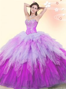 Luxurious Beading and Ruffles Quinceanera Gown Multi-color Lace Up Sleeveless Floor Length