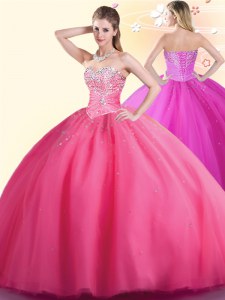 Hot Pink Lace Up Sweetheart Beading Quinceanera Dress Tulle Sleeveless