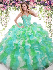 Multi-color Ball Gowns Sweetheart Sleeveless Organza Floor Length Lace Up Beading and Ruffles Sweet 16 Dresses