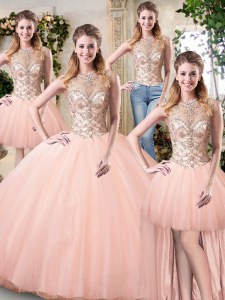 Scoop Floor Length Lace Up 15 Quinceanera Dress Peach for Military Ball and Sweet 16 and Quinceanera with Beading