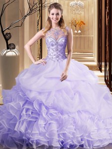 Scoop Sleeveless Beading and Ruffles and Pick Ups Lace Up 15th Birthday Dress with Lavender Brush Train