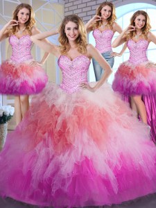 Hot Sale Four Piece Floor Length Multi-color 15 Quinceanera Dress Tulle Sleeveless Beading and Ruffles