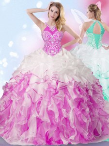 Suitable Halter Top Multi-color Lace Up Quinceanera Dresses Beading and Ruffles and Pick Ups Sleeveless Floor Length