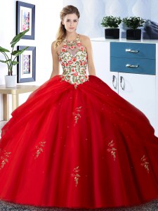 Amazing Red Halter Top Neckline Embroidery and Pick Ups Sweet 16 Dresses Sleeveless Lace Up