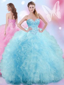 Flirting Baby Blue Tulle Lace Up Sweetheart Sleeveless Floor Length Ball Gown Prom Dress Beading and Ruffles