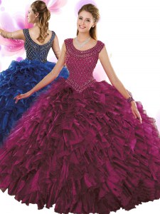Fuchsia Ball Gowns Organza Scoop Sleeveless Beading and Ruffles Floor Length Zipper Sweet 16 Dress