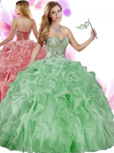 Most Popular Sleeveless Floor Length Beading and Ruffles Lace Up 15 Quinceanera Dress with Green