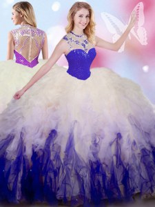 Popular White And Purple Ball Gowns Beading and Ruffles Vestidos de Quinceanera Zipper Tulle Sleeveless Floor Length
