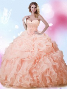 Clearance Peach Lace Up Sweet 16 Dress Beading and Ruffles and Pick Ups Sleeveless With Brush Train
