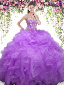 Lavender Organza Lace Up Sweetheart Sleeveless Floor Length Sweet 16 Quinceanera Dress Beading and Ruffles