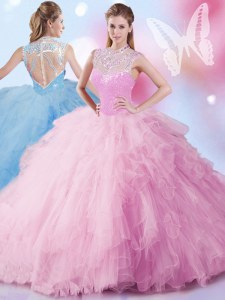 High-neck Sleeveless Tulle Ball Gown Prom Dress Beading and Ruffles and Sequins Zipper