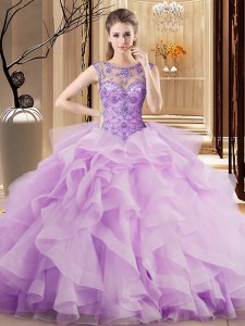Tulle Scoop Sleeveless Brush Train Lace Up Beading and Ruffles Quinceanera Gown in Lilac
