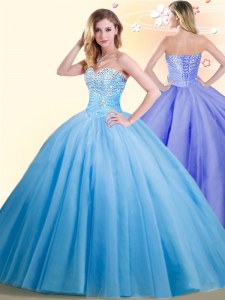 Deluxe Baby Blue Lace Up Sweetheart Beading Sweet 16 Quinceanera Dress Tulle Sleeveless