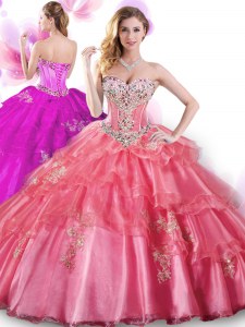Deluxe Coral Red Sweetheart Lace Up Beading and Appliques Vestidos de Quinceanera Sleeveless