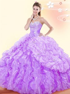 Floor Length Lavender Sweet 16 Dress Organza Sleeveless Beading and Ruffles and Pick Ups