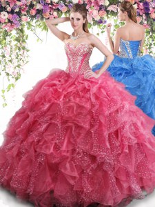 Delicate Organza Sweetheart Sleeveless Lace Up Beading and Ruffles Sweet 16 Dresses in Coral Red
