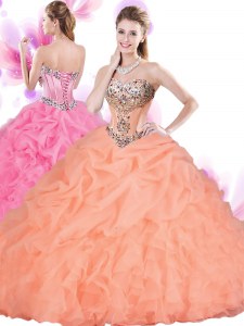 Floor Length Lace Up 15th Birthday Dress Orange Red for Military Ball and Sweet 16 and Quinceanera with Beading and Ruffles