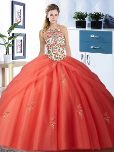 Pick Ups Floor Length Orange Red Vestidos de Quinceanera Halter Top Sleeveless Lace Up