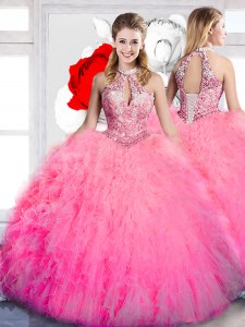 High Class Hot Pink Ball Gowns Halter Top Sleeveless Tulle Floor Length Lace Up Beading and Ruffles 15th Birthday Dress
