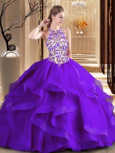 Pretty Purple Lace Up Scoop Embroidery Ball Gown Prom Dress Tulle Sleeveless Brush Train