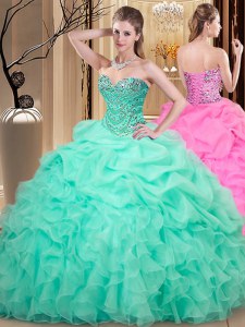 Romantic Apple Green Ball Gowns Beading and Ruffles and Pick Ups Vestidos de Quinceanera Lace Up Organza Sleeveless Floor Length