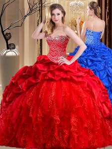 Red Taffeta and Tulle Lace Up Sweetheart Sleeveless Sweet 16 Quinceanera Dress Brush Train Beading and Ruffles